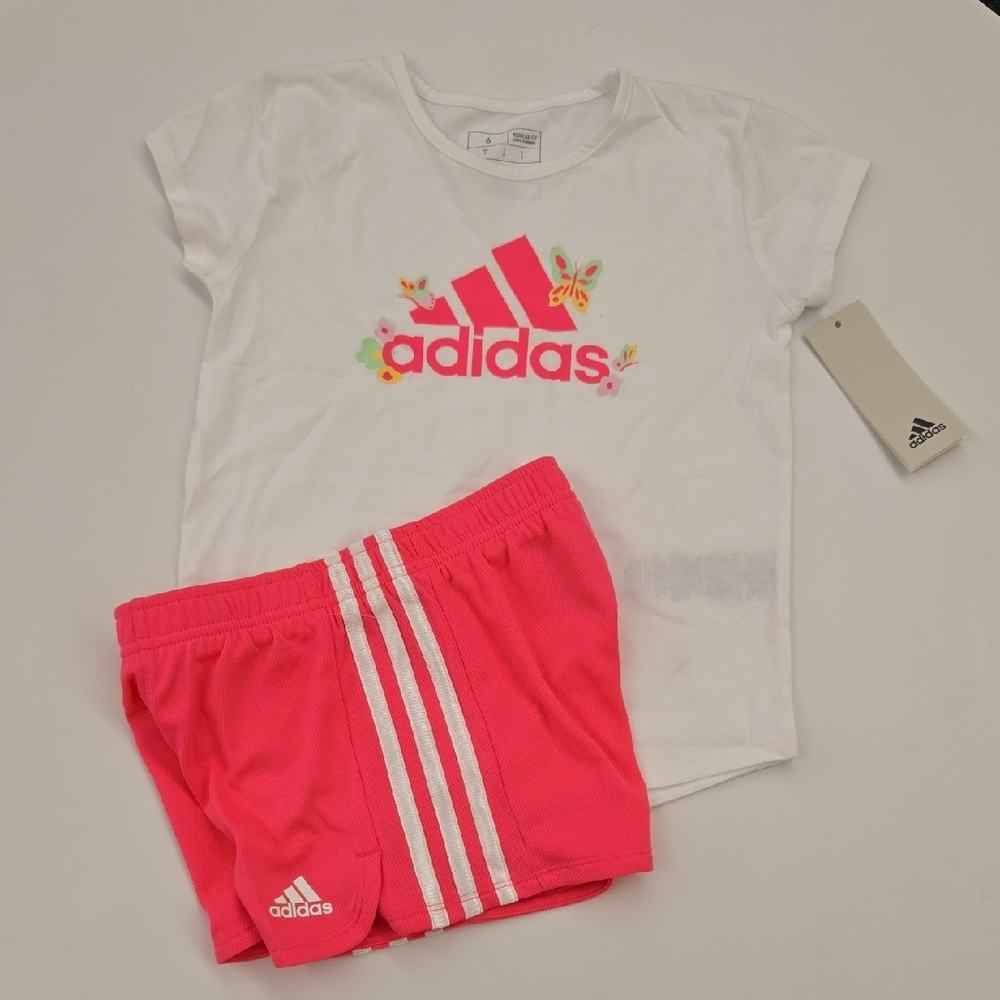 Adidas cute Outfit Set girl pink neon Logo  shorts set Size 6 NWT FASHION